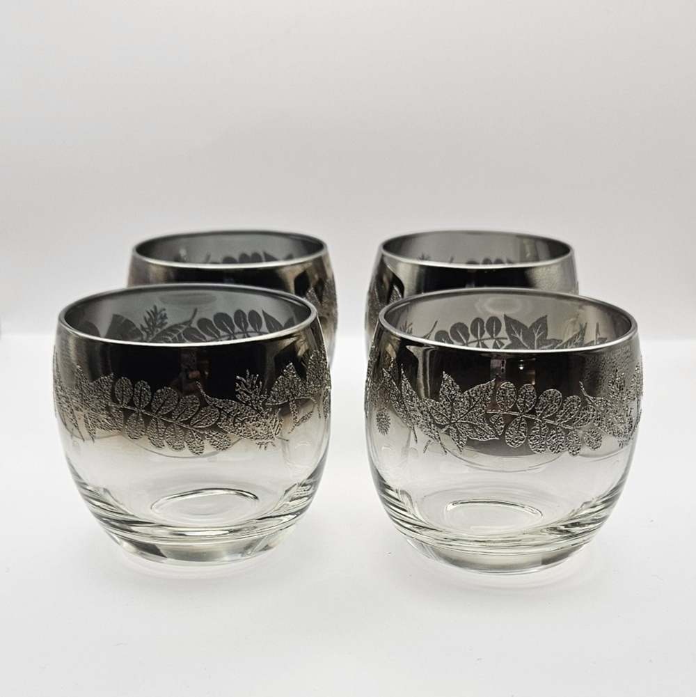 Vintage Silver Fade Roly Poly Glasses Etched Leaf Barware Set 4